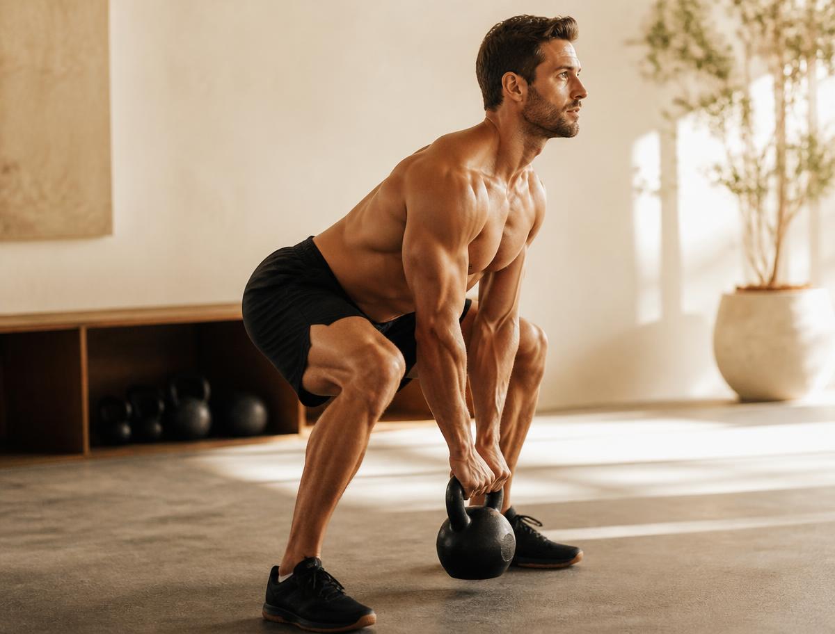 Shirtless man lifting a kettlebell from the floor with controlled form
