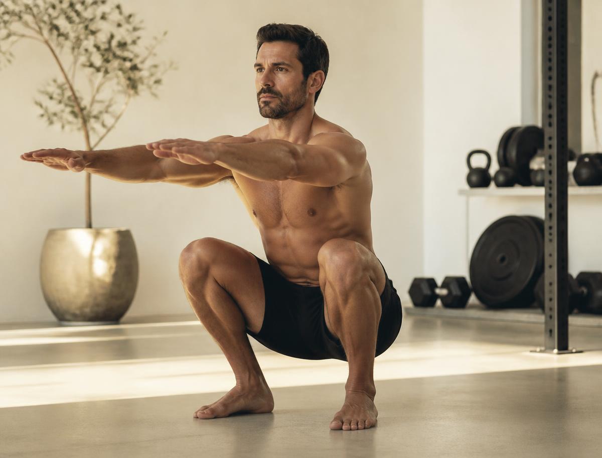 Shirtless man holding a deep bodyweight squat with arms extended forward